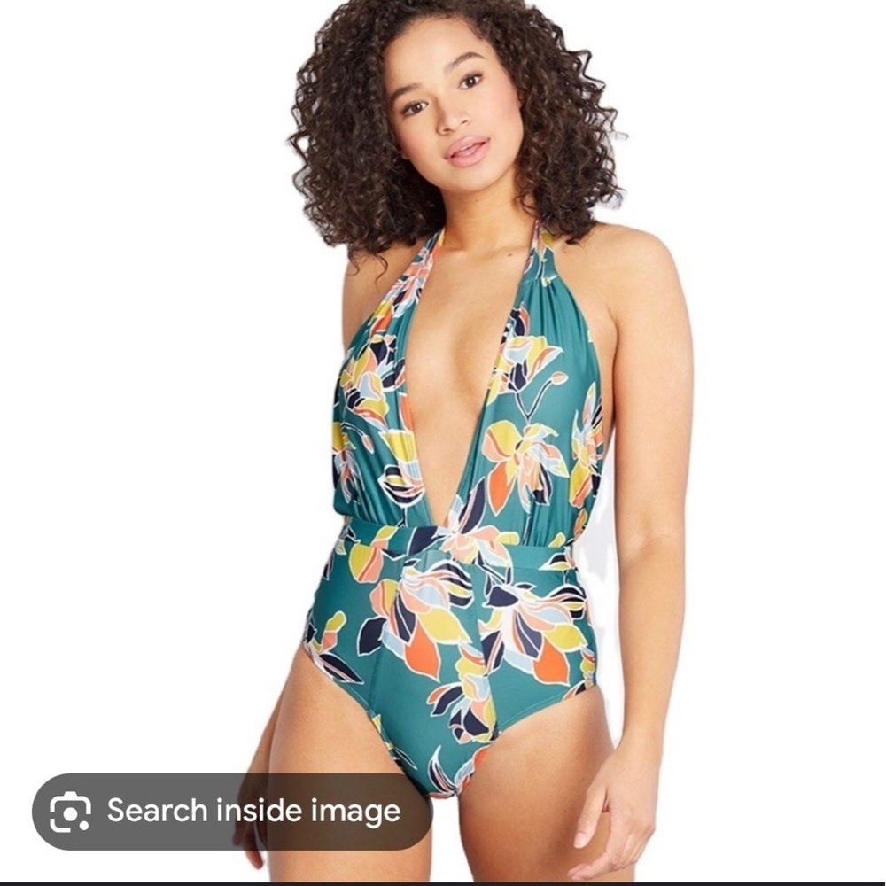ModCloth bathing suit Women’s One Piece Floral Medium Halter Tropical Green